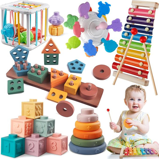 Montessori Toys for Baby Toddlers, 6-in-1 Wooden Shape Sorting Stacking Set | Building Blocks Sensory Teether Xylophone Activity Toys Gift for Kids, Encourage Fine Motor Skills, Hand-Eye Coordination