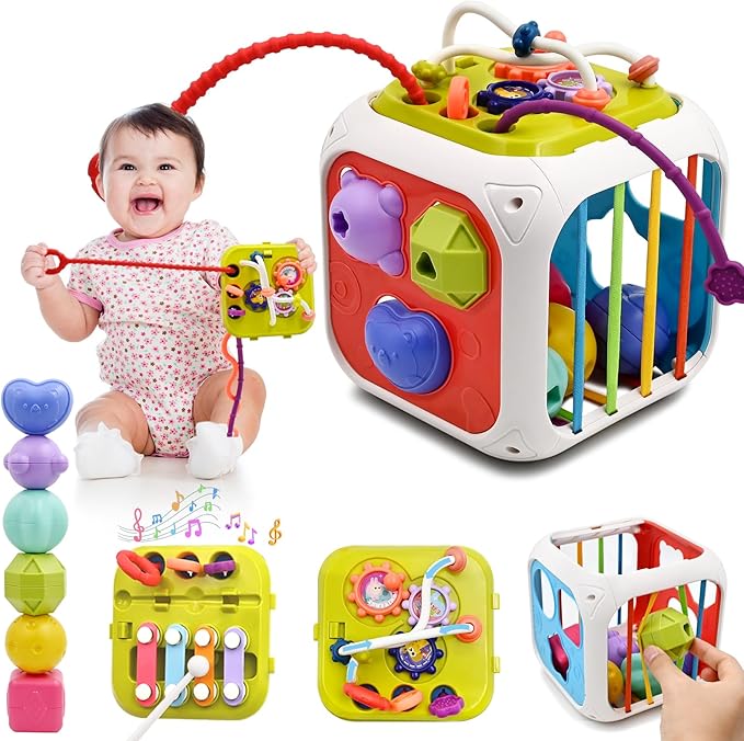 AiTuiTui Multifunction Baby Sensory Montessori Activity Cube Toys, Shape Sorter Early Learning Educational Interactive Toys for Infant Toddlers Boy Girl, Birthday Gifts Easter Basket Stuffers