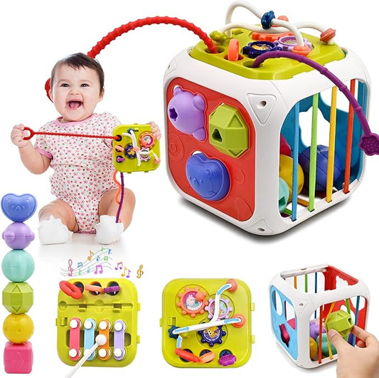 AiTuiTui Multifunction Baby Sensory Montessori Activity Cube Toys, Shape Sorter Early Learning Educational Interactive Toys for Infant Toddlers Boy Girl, Birthday Gifts Easter Basket Stuffers