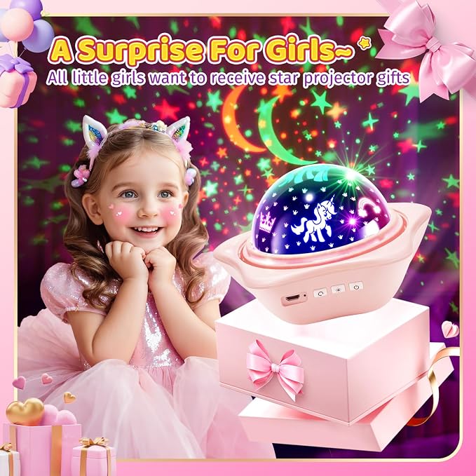 PIKOY Night Light for Kids, 90 Modes+6 Films+Dimmer+Timer+Remote Kids Night Light Projector, Rechargeable Built-in Battery+360° Silent Rotation Butterfly/Princess/Mermaid Room Decor,Girl Toys/Gifts