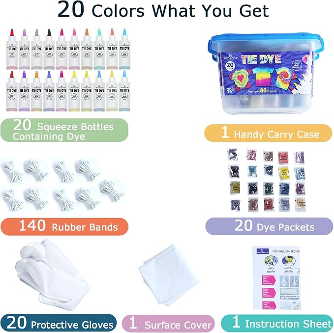 Tie Dye Kit 20 Colors Permanent Fabric Dye Art Set for Kids Adults for School, Homemade Party, Creative Groups Activities, DIY Gift | Just Add Water, Pre-Filled Dye Bottles, for School, Homemade Party, Creative Groups Activities, DIY Gift