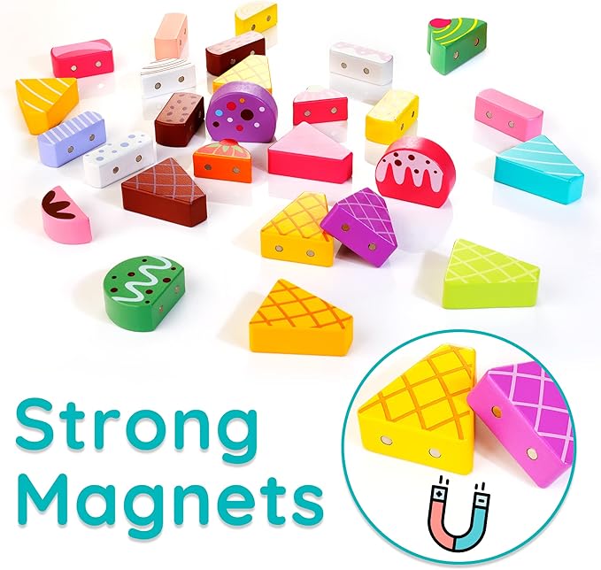 HELLOWOOD Wooden Ice Cream Truck, 28 pcs Magnetic Ice Cream Sweet Treats Pretend Play Food & Accessories, Montessori Sorting & Stacking Toys for Toddler Girls & Boys Age 2-5
