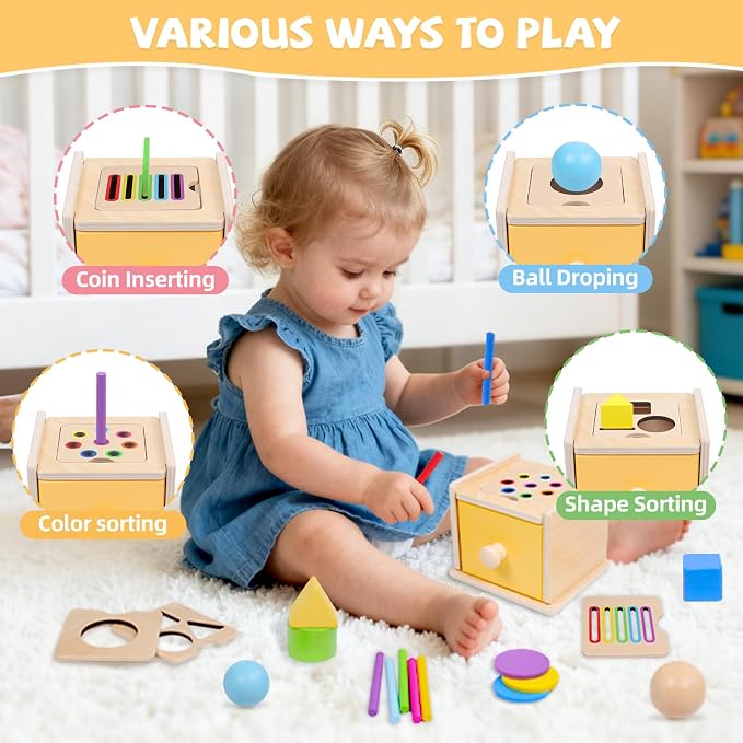 YHHYTOY Montessori Toys for 1+ Year Old, Object Permanence Coin Box | Color Sorting Ball Drop Fine Motor Skills Toys for 1-2 2-3 Year Old, Shape Sorters for Toddlers 1-3, Learning Gifts for Kids