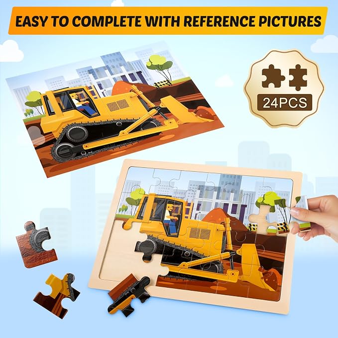 4-Pack Wooden Puzzles for Kids Ages 3-5, 24-Piece Construction Vehicle Set | Toddler Puzzles Ages 3-5, Preschool Puzzles with Wooden Jigsaw Boards for Fine Motor Skills, Shape Recognition and Travel
