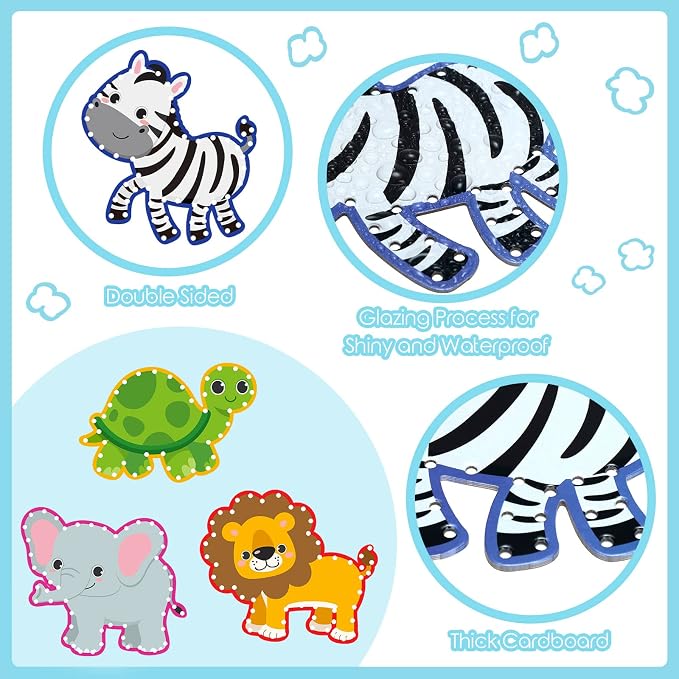 10 Pcs Kids Lacing Cards Double Sided Animal Sewing Cards Kits 10 Styles Lacing Toy Crafts for Toddler Ages 6+ Developing Imagination Preschool Learning Activity Supplies(Jungle Style)