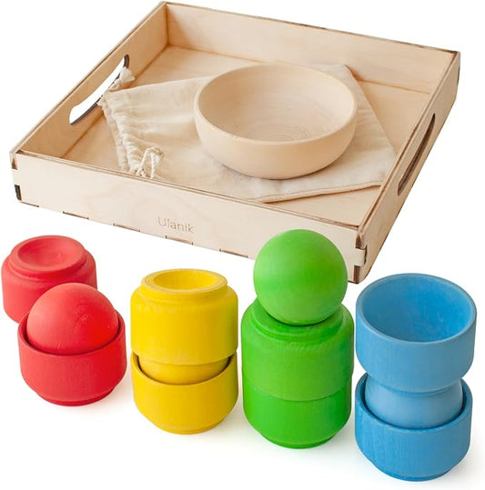 Ulanik Balls in Nests Starter Kit Montessori Toys for 1 Year Old | Open-ended wooden nesting set; 4 primary colors; tray and bag for easy storage