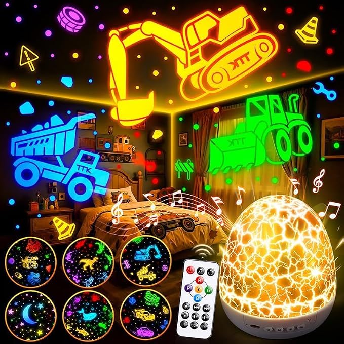 Excavator Construction Toy Projector, 15 Sounds & 6 Films Truck Night Light | Excavator Toys for 4 year old Boys, White Noise Dinosaur Egg Night Light for Kids Room Decor,31 Color Remote Timer Brightness