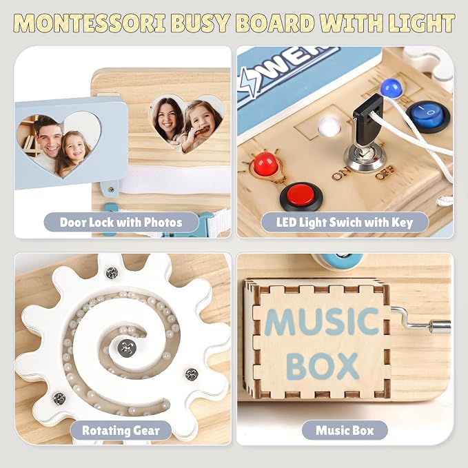 Joyreal Wooden Busy Board for Toddlers, 10-in-1 Montessori Sensory Toys with Music Box, Activity Learning Board with Door Hidden Mirror, Educational Travel Toy for 1 2 3 Year Old Boys Girls