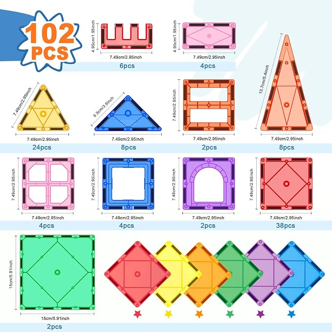 Soyee 102PCS Magnetic Tiles Magnetic Building Blocks Toys for 3+ Year Old Boys Girls
