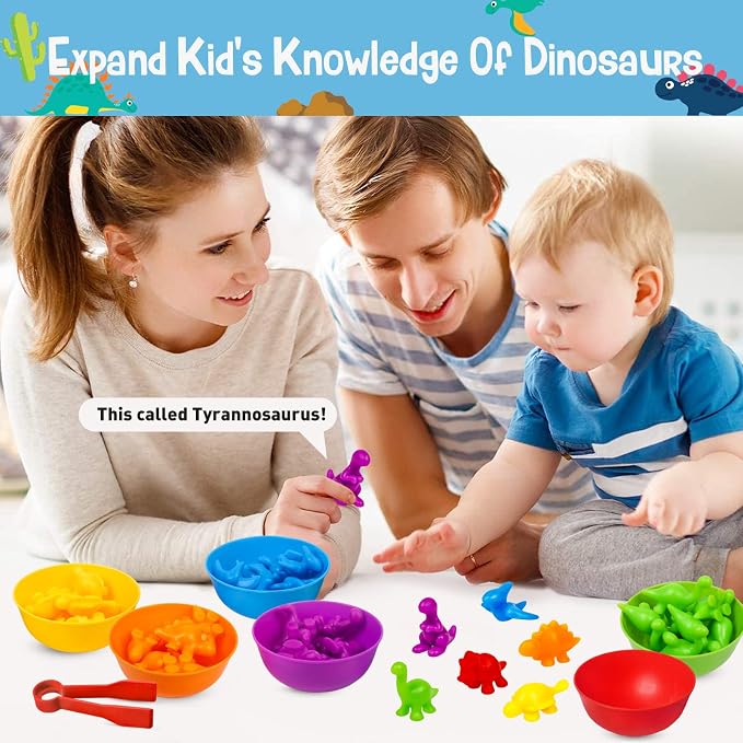Counting Dinosaurs Color Sorting Toys with Rainbow Bowls,Sensory Training & Counting Activity Montessori Education Learning Activities Easter Basket Stuffers Gifts for Boys Girls