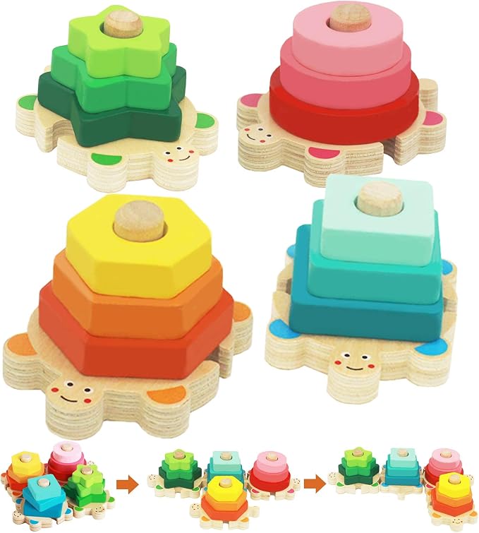 WOOD CITY Montessori Wooden Stacking Toy for Toddlers, Detachable Turtle Shape Sorter with Color & Size Recognition, Early Learning Educational Gift Develops Hand-Eye Coordination & Spatial Awareness
