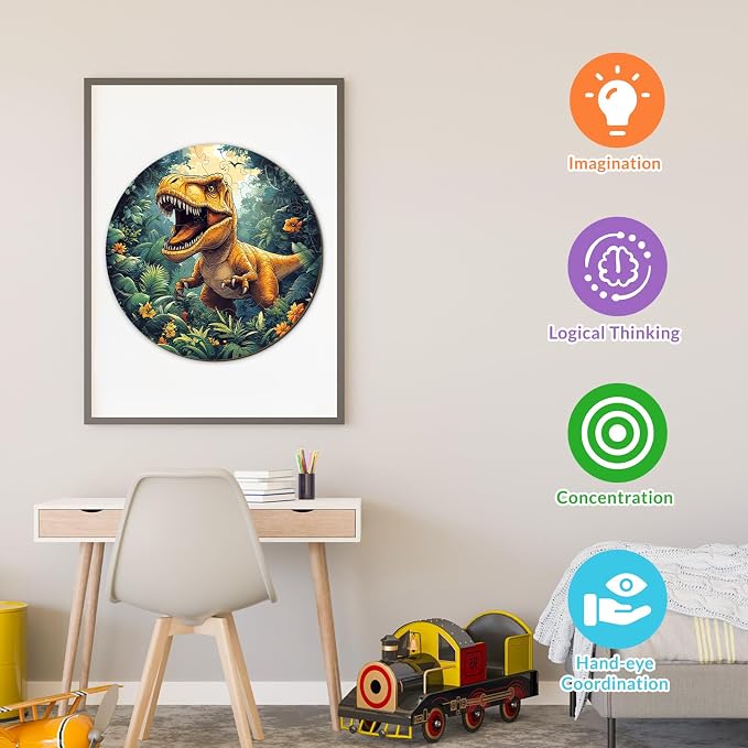 Wooden Puzzles for Kids - Dinosaur Tyrannosaurus Rex | 50 Piece Puzzles for Kids Ages 4-6 - Kids Puzzle with Unique Animal Shapes - Round Puzzles for Boys and Girls (11.4 * 11.4in)