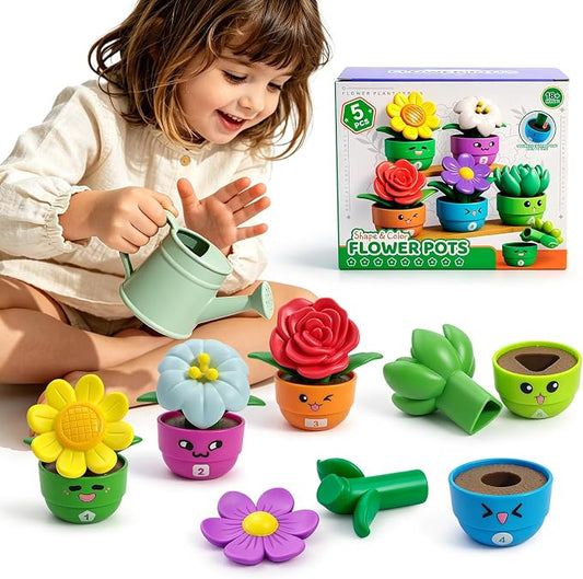 Montessori Flower Garden Building Toy for Girls & Boys, Toddler Gardening Set with 5 Shape & Number Flowers, Preschool Learning Matching & Stacking Game, Sensory Toys Gifts for 1 2 3 Year Old