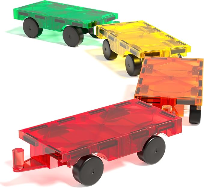 Magnetic Tiles Car Building Kit for Toddlers, 4 PCS Magnet Construction Trucks, STEM Toys for 3-8 Year Old Boys Girls, Educational Vehicle Engineering Set