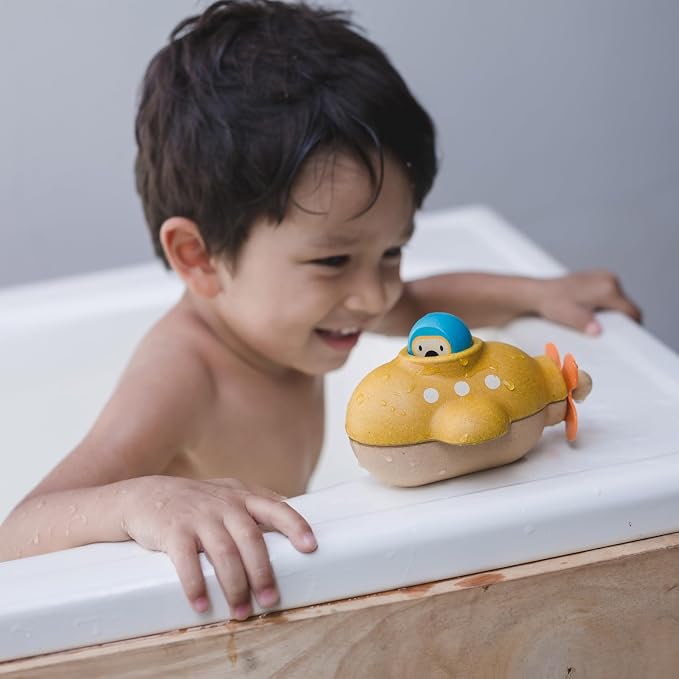 PlanToys® Submarine Wooden Baby Bath Toy for Toddlers, Waterproof Pool Toy | wooden submarine, waterproof bath pool toy, montessori fine motor imagination, non-toxic water play, 18+ months, toddlers kid