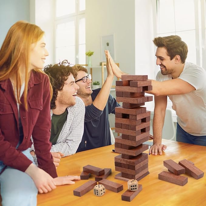 54PCS Tumbling Tower Game Wooden Blocks Stacking Game for Kids Adult Family | Canuan Wooden Tumbling Tower for Party Camping, Classic Stacking Blocks Wooden Board Tabletop Games with Storage Box Dices