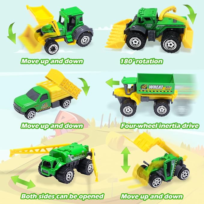 Oriate Diecast Farm Tractor Toys Set for Kids Boys Girls Age 3-5, 6pcs Cars | Harvester,Transporter, Truck, Sprayer Small Farming Toy Tractors, Mini Vehicles Model Farm Equipment, Christmas Birthday Gift