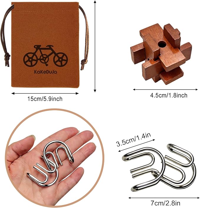 42 Pcs Brain Teaser Puzzles Set for Adults Kids – Vintage Wooden & Metal 3D IQ Game, Challenging Disentanglement Logic Puzzles, Family Party Favor Portable Travel Pouch Set