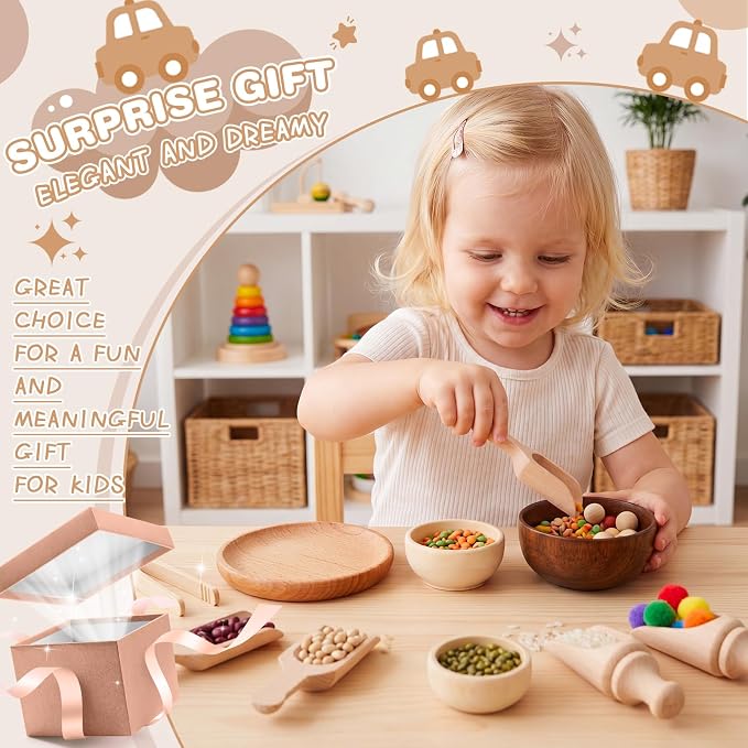 11 Pcs Sensory Bin Tool Sensory Tools for Boys and Girls Fine Motor Skill Toys Wooden Spoons Bowls Plate with Other Tools for Transfer Work and Fine Motor Learning (Wood)