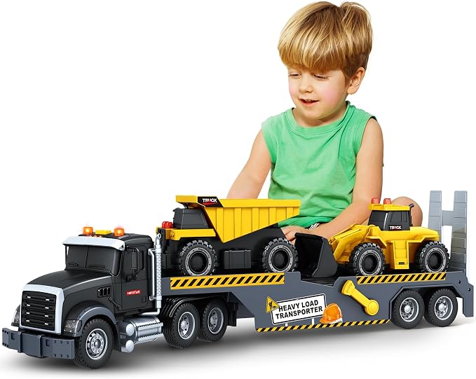 Bstoyder Toddler Boy Toys for 3 4 5 6 7 Years Kids, 21" Semi Construction Carrier Truck Toy with Excavator and Dump Truck, Friction Powered Toys with Lights and Sounds, Birthday for Boy Girls