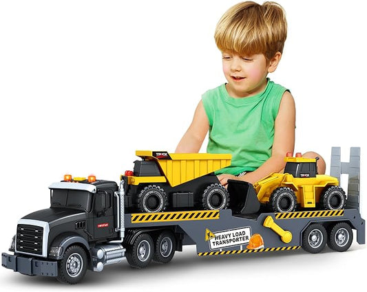 Bstoyder Toddler Boy Toys for 3 4 5 6 7 Years Kids, 21" Semi Construction Carrier Truck Toy with Excavator and Dump Truck, Friction Powered Toys with Lights and Sounds, Birthday for Boy Girls