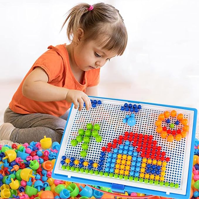 592Pcs Jigsaw Puzzle Mix Colour Mushroom Nails Pegboard Educational Building Bricks Creative DIY Peg Puzzle Toys 3D Games Birthday Christmas Party Gift for Kids Children Age Over 3 Years Old