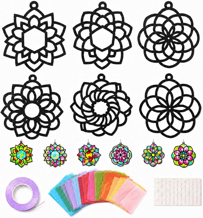Qyeahkj 36 Set Mandala Suncatchers Crafts for Kids DIY Mandala Window Tissue Paper Craft Kit Art Flower Hanging Decor for Summer Home Activity Art Project Birthday Party Favor Gift