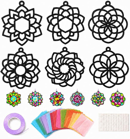 Qyeahkj 36 Set Mandala Suncatchers Crafts for Kids DIY Mandala Window Tissue Paper Craft Kit Art Flower Hanging Decor for Summer Home Activity Art Project Birthday Party Favor Gift