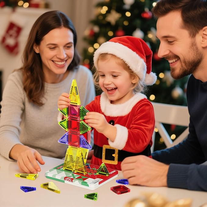 Magnetic Tiles Travel Storage Mini STEM Blocks Festive Box 26PCS 3+ | STEM magnetic building tiles with festive travel box. Great for road trips, airplanes, Montessori play & on-the-go fun