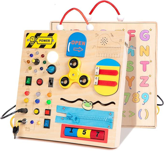 Wooden Busy Board Montessori Toy for Toddlers,Educational Learning Toy for 1 2 3 Year Boys & Girls,Sensory Activity Board with LED Light & Music Boxes, Travel Toys for Kids Birthday Gift