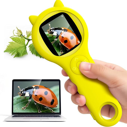 Kids Microscope for Summer Vacation, 500X Portable Digital Microscope with 2" IPS Screen, Beach Nature Discovery STEM Toy for Kids Age 5-12 (Yellow)