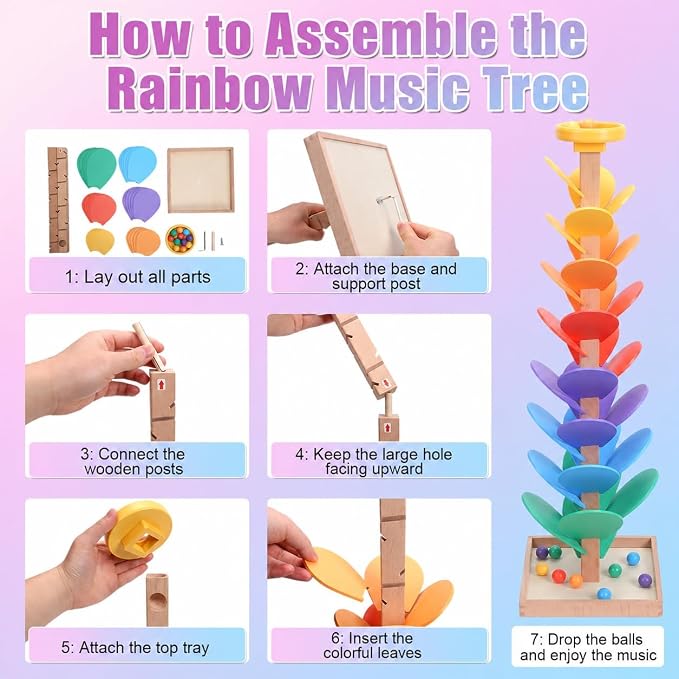 Wooden Marble Run Music Tree, Marble Run Montessori Toy for Kids Ages 3+ | Solid wood rainbow tree ball drop toy for cause effect play, color sorting, fine motor skills, sensory sound, screen free fun