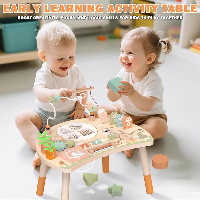 Weilim Activity Table for 18 Months+, 9-in-1 Wooden Montessori Toddler Toy | Bead Maze, Magnetic Fishing Game, Shape Sorter, Spinning Gears, Teach-Time Clock, Animal Maze, Carrot Harvest and More