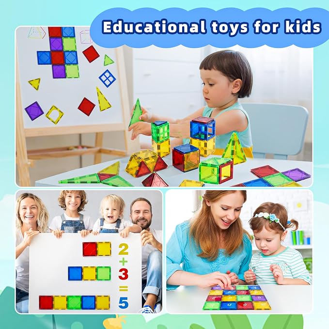 Magnetic Tiles Kids Magnetic Blocks 32PCS Building Sets for Kids Ages 3+ | Magnetic Blocks Sensory Montessori Toys Set All Pieces with Magnets, Ideal STEM Educational Construction Gifts