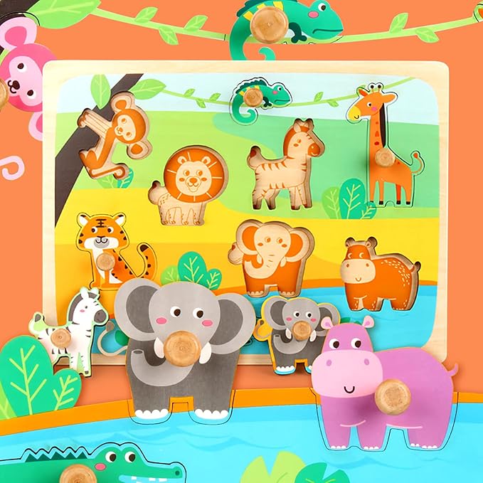 Wooden Peg Puzzles for Toddlers 1-3 - Montessori Educational Learning Puzzle Toys for Baby Gifts
