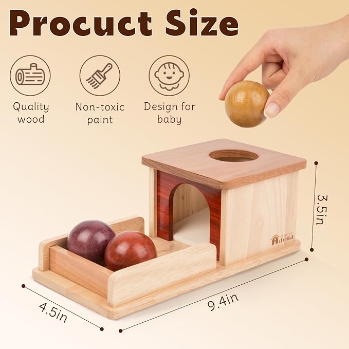 Adena Montessori Object Permanence Box for 6-12 Month Baby 3 Balls, Wooden Baby Toy in Natural Wood Tones, Real Wood Montessori Learning Toy for Toddler 1 Year Old, Sensory Developmental Gift