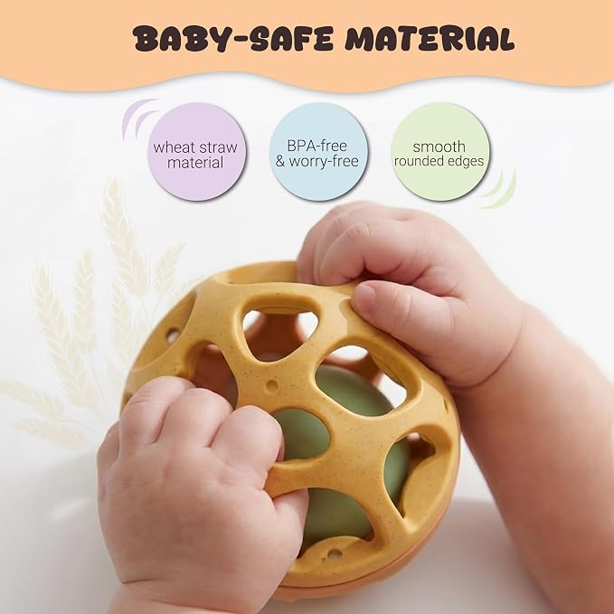 Sensory Rattle Balls, Textured Teething Sensory Toy for Babies 6-12M | BPA-Free Wheat Straw, Bright Colors, Shake-to-Rattle Sound, Cause & Effect Play, Lightweight Baby Gift, Yellow