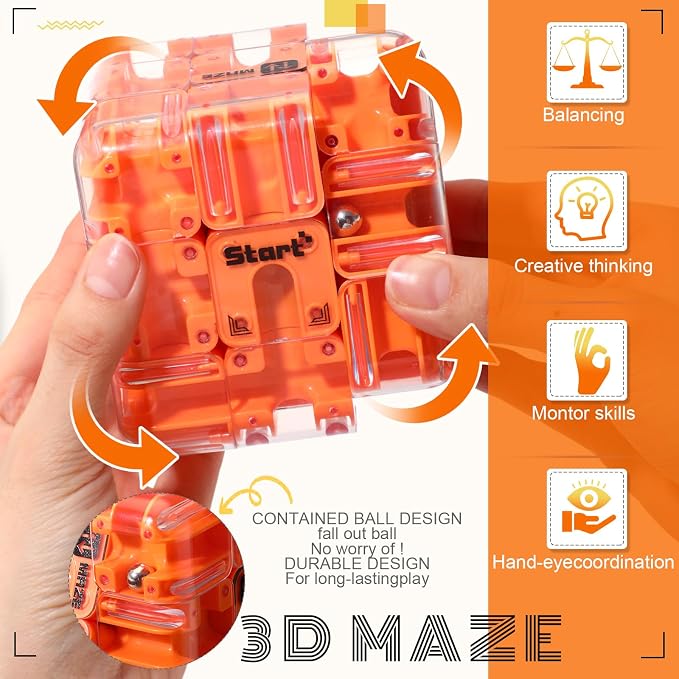 1 Sets Large Labyrinth 3D Maze Cube Puzzle Maze Game Gravity 3D Puzzle Cube Brain Teaser Ball Games for Kids Education Sensory Toys Gift for Adults (Classical,Orange)