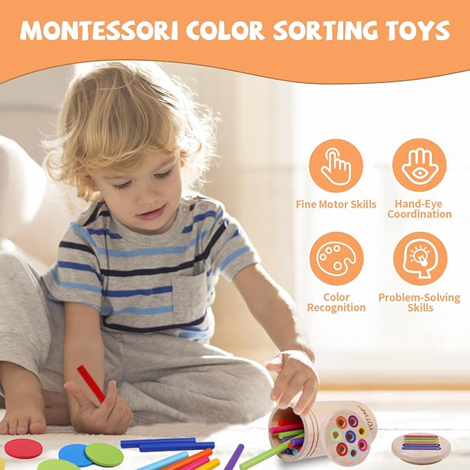 Montessori Toys for 1 2 3 Year Old, Wooden Color Sorting Preschool Baby Toy | Fine Motor Skills Toys for 1-2 Year Old, Sensory Travel Toys for Toddlers 1-3, Birthday Christmas Gift for Girls Boys Kids