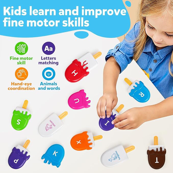 TSYAN Letters Matching Ice Cream Alphabet Learning Toys,Counting Animals and Color Sorting Set Preschool Learning Activities Stacking Toys,Upper & Lowercase ABC Game Fine Motor Toys Gift for Kids