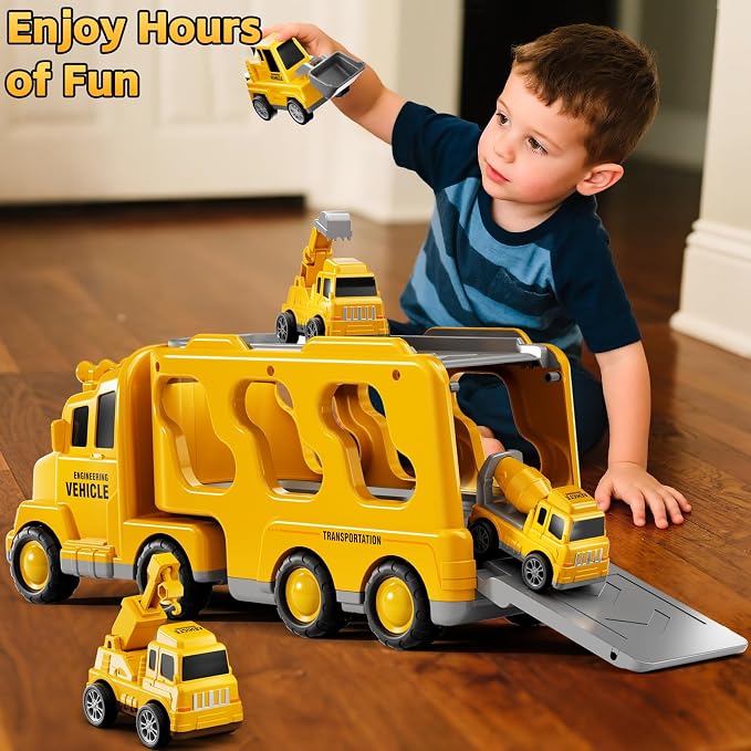 5-in-1 Construction Trucks Toys for 3 4 5 Years Old Boys | Carrier Transport Vehicle Truck for Toddlers 3-4 Years with Crane, Mixer, Pushdozer and Excavator, Car Toys Birthdays Gift