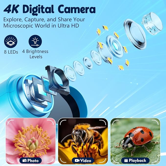 Odatay 4K 1000X Digital Microscope for Kids with 32G Card, Long Distance Viewing & 2.4" Screen Portable Handheld Edu Toys for Age 3-12 Exploring Bugs Plants at Home Classroom & Outdoor Travel, Blue