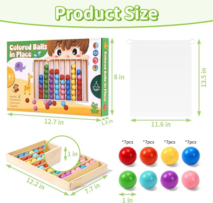 56 PCS Wooden Color Sorting Balls Toy with Storage Box | puzzle colorful ball sorting game, rainbow sensory color matching & return game for kids ages 3+