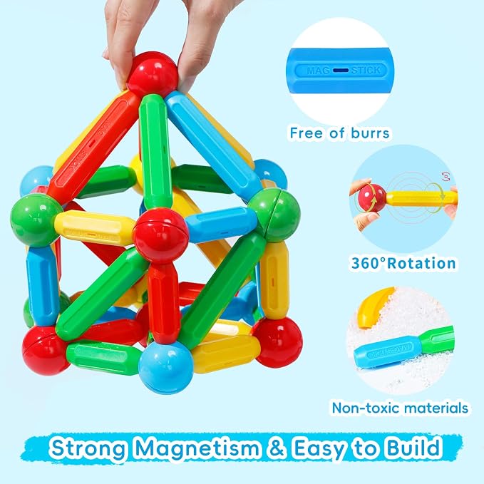 TOKBLOK Magnetic Blocks for 3+ Years Old Girls Boys Magnetic Building Sticks Preschool Educational Learning STEM Toys Montessori Magnet Toys Kids Gift - 76Pcs Starter Set