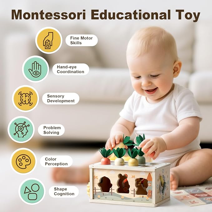 Joyreal 8-in-1 Montessori Tissue Box Toys for 1+ Years Wooden Activity Cube | Neutral Color, Farm Animal Toy, Shape Sorting, First Birthday Gift for Boy/Girl, Educational Toy, Sensory Toy for Toddler 1-3