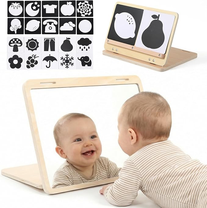 Tummy Time Mirror Toys, Baby Mirror Tummy Time Play Set for 0-6 Months | Large Baby-Safe Mirror, Adjustable Infant Mirror Toy with Black and White High Contrast Cards for Newborn Visual Stimulation