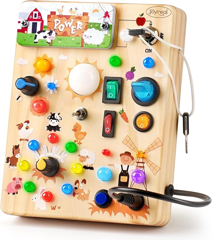 Joyreal Wooden Busy Board for Toddlers - Montessori Toys for 1 2 3 Year Old | Sensory Activity Board with 10 Switches & 19 Lights, Toddlers Activity Travel Toys for Boy & Girl Birthday Gift (Farm Theme)