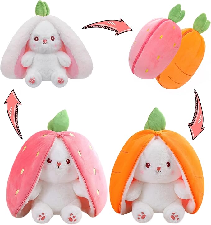 MIAODAM Carrot Strawberry Bunny Stuffed Animal,Squishy Cute Bunny Plush | Reversible Transformable Strawberry Fruit Doll, Funny Christmas/Easter Bunny Plush Gift for Kids