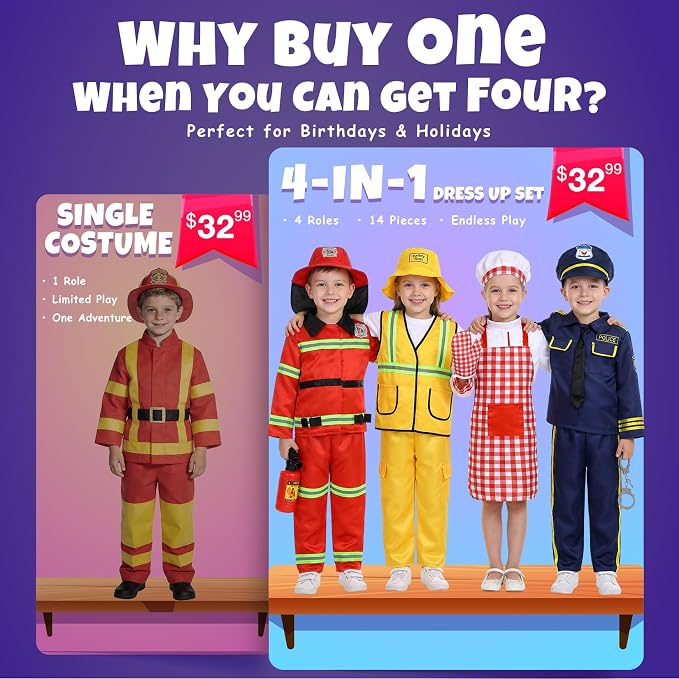 14Pcs Toddler Dress up Clothes,Boys Dress up Costumes for Play,Kids Dress up Set with Firefighter,Construction Worker,Chef,Police Costume,Toddler Boy Toys Christmas Birthday Gifts for 3-6 Years Old