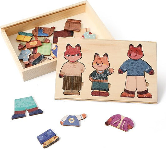 Wooden Dress-Up Puzzle for Ages 3+, Fox Family 17 Mix-and-Match Pieces with Storage Box, Montessori Matching Toy for Fine Motor & Imaginative Play, Birthday